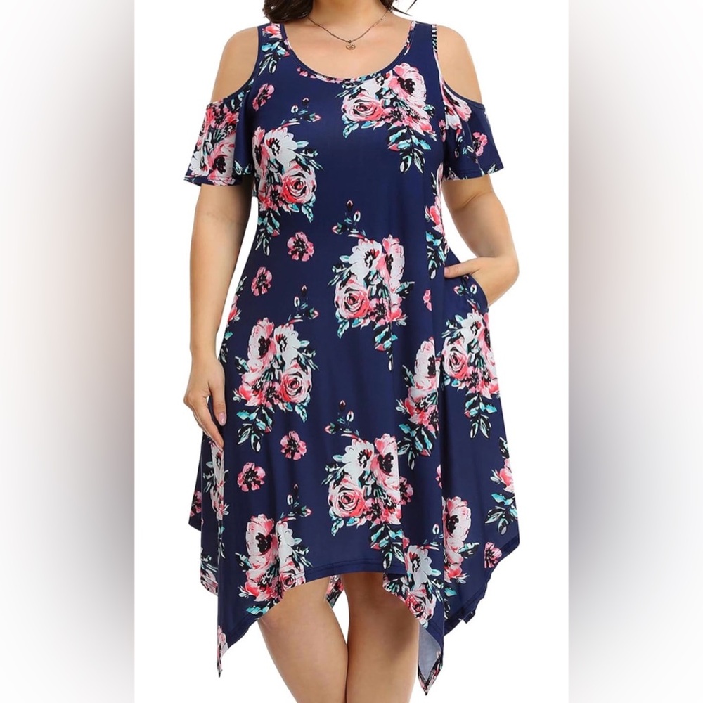 PinUp Fashion Boho Plus Size Cold Shoulder Handkerchief Midi Swing Dress Pockets